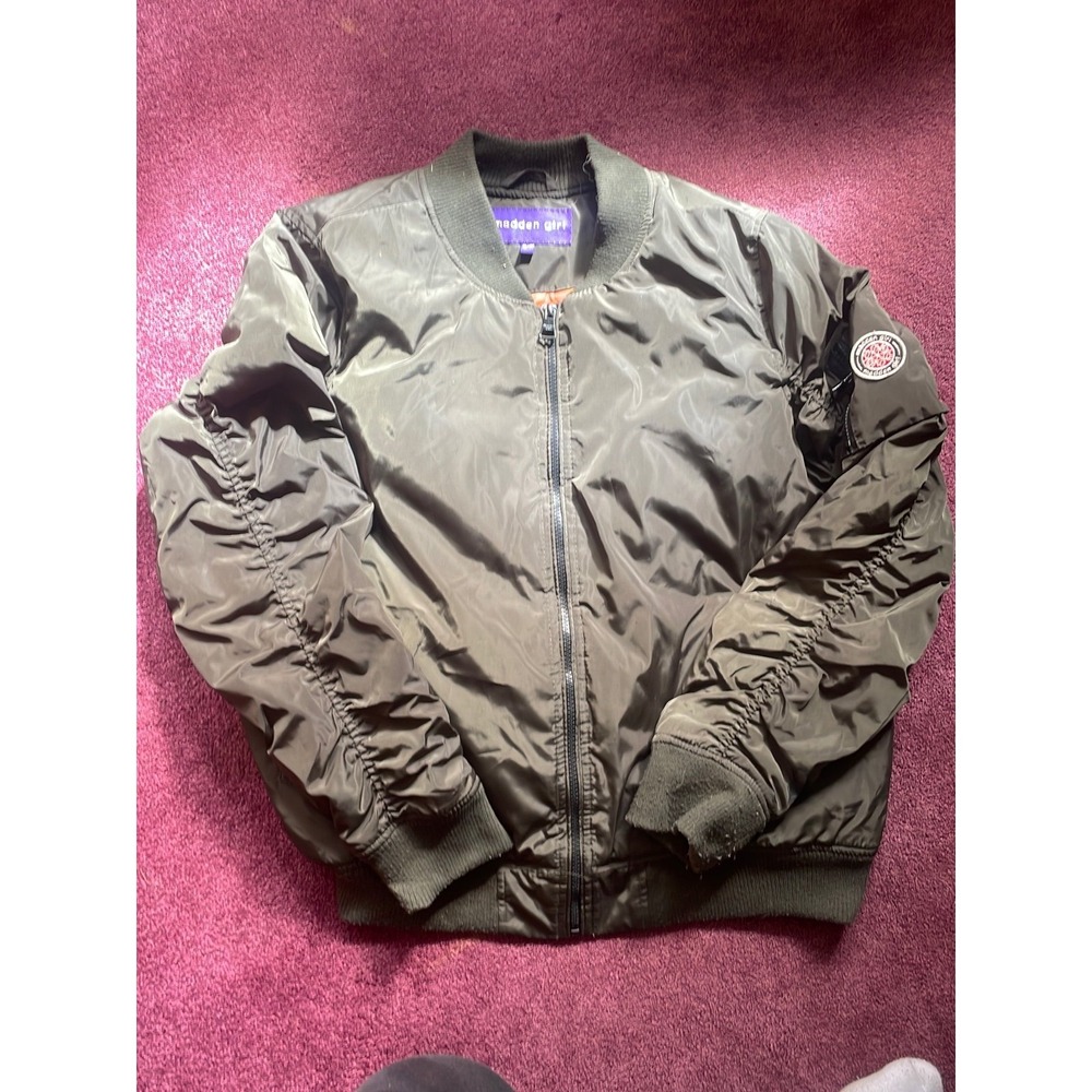 Madden Girl Women Olive Green Bomber Jacket Orange Lining Ruched Sleeve XL